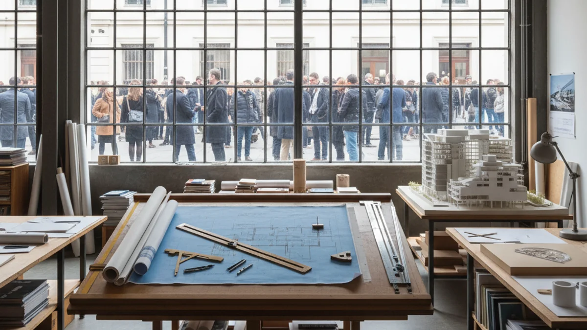 Imatge genèrica d'un estudi d'arquitectura amb plànols i maquetes sobre una taula de treball.