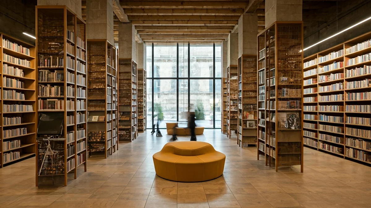 Imatge genèrica de l'interior d'una biblioteca moderna amb prestatgeries plenes de llibres i zones de lectura.