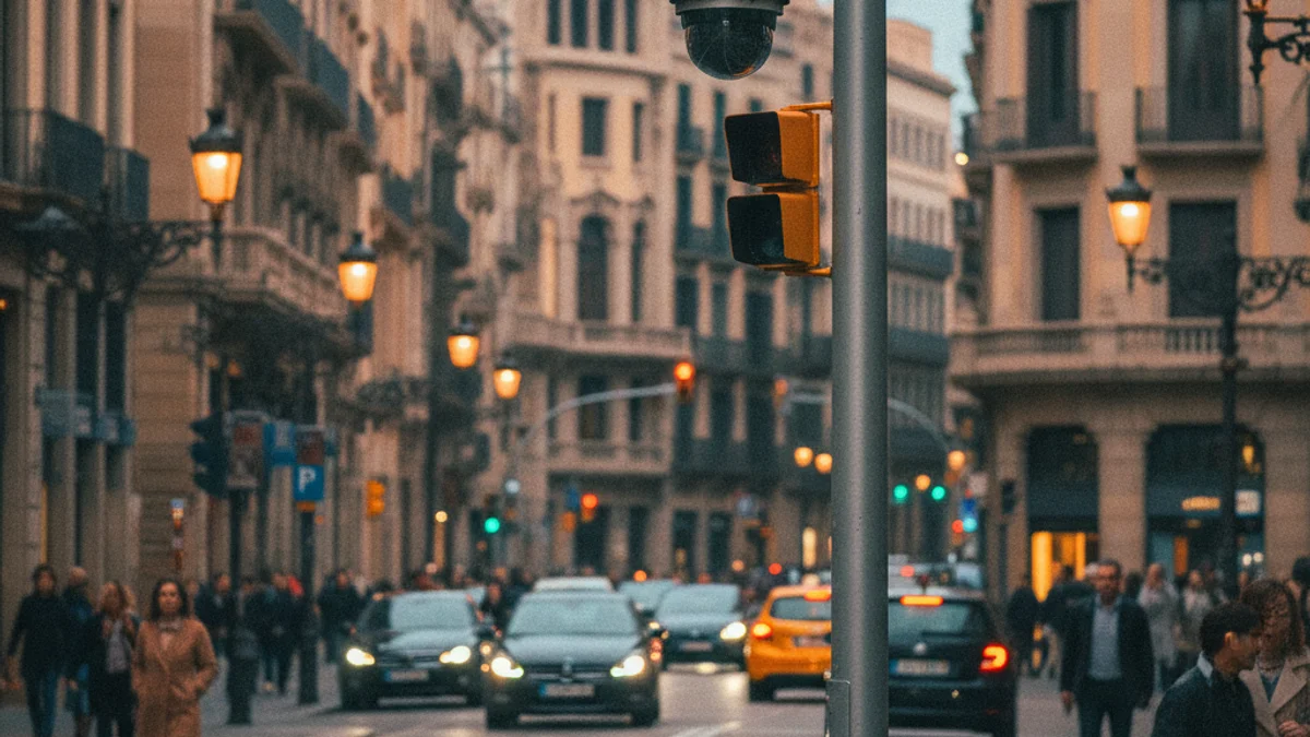 Imatge genèrica d'una càmera de control de trànsit en un carrer urbà de Barcelona.