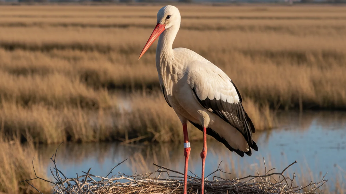 Imagen genérica de una cigüeña blanca en su nido en un entorno natural de humedales.
