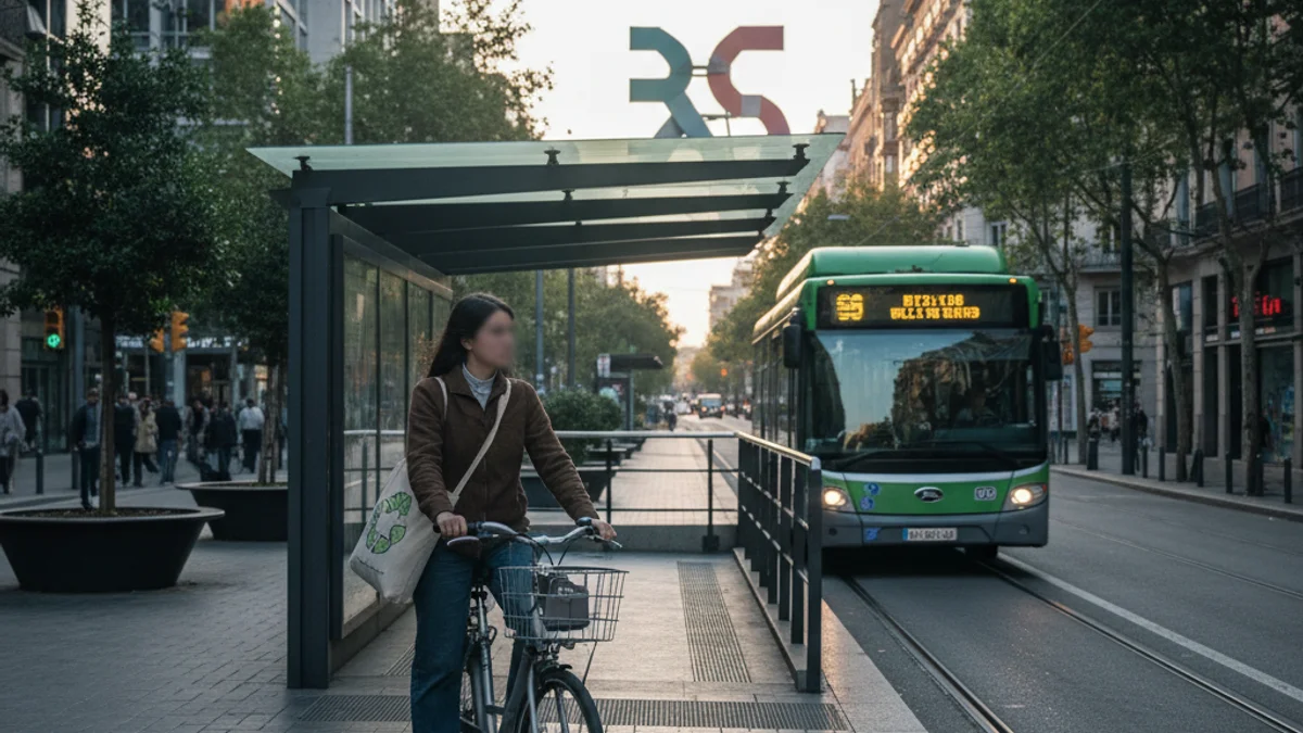 Generic image of a young woman walking in an urban area with public transport in the background.