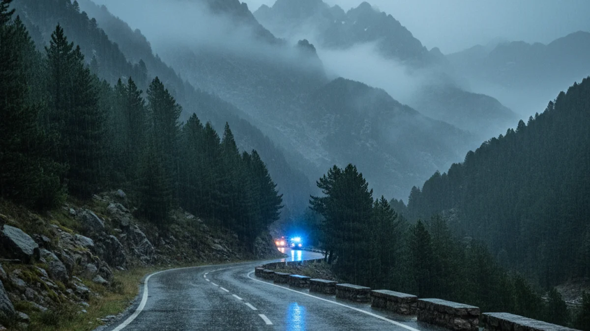 Imatge genèrica d'una carretera de muntanya sota una pluja intensa amb llums d'emergència al fons.