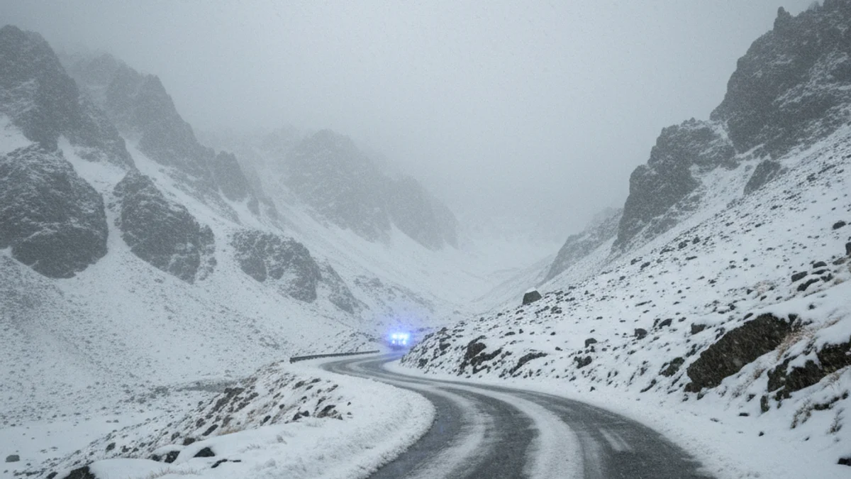 Imatge genèrica d'una carretera de muntanya sota un temporal de neu i pluja amb llums d'emergència al fons.