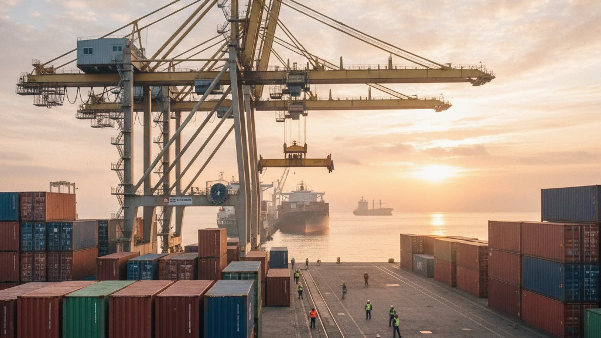 Imatge genèrica d'un port comercial amb contenidors de mercaderies i grues industrials.