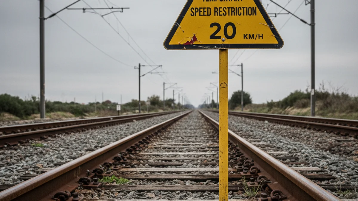Imagen genérica de unas vías de tren con señalización de limitación de velocidad.