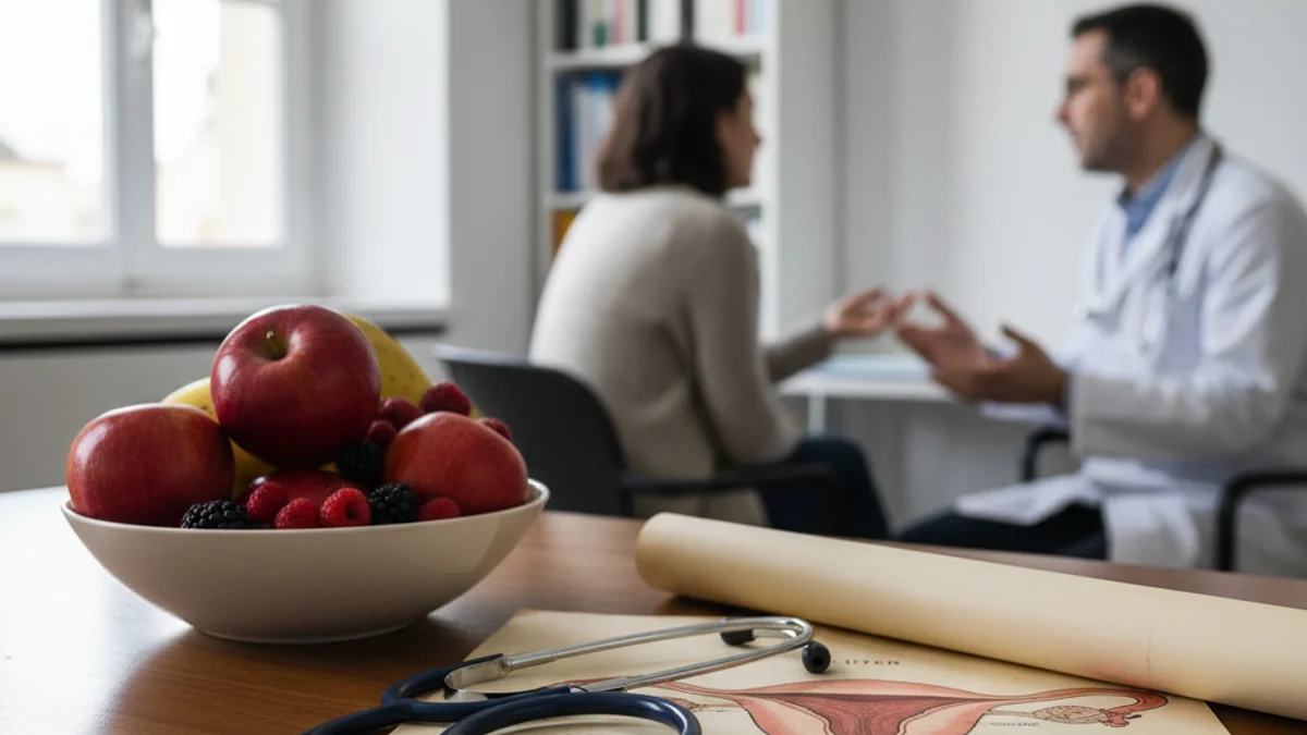 Imatge genèrica d'una consulta de llevadora amb material mèdic i fruita sobre la taula.