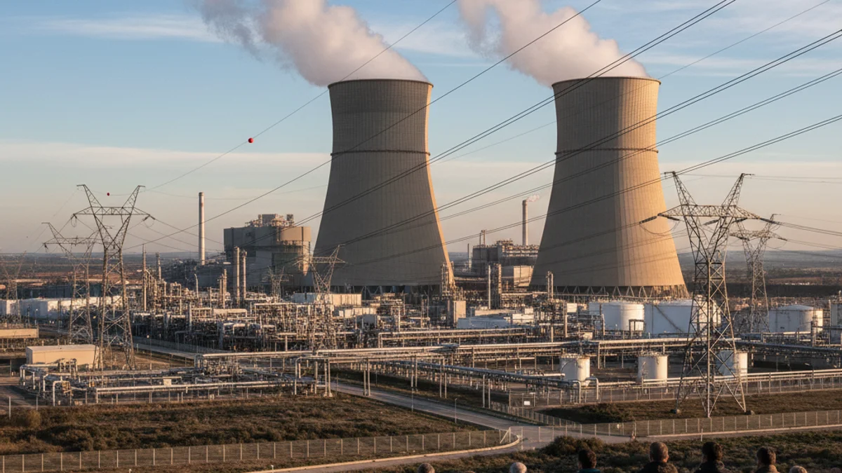 Generic image of nuclear power plant cooling towers and high-voltage power lines.