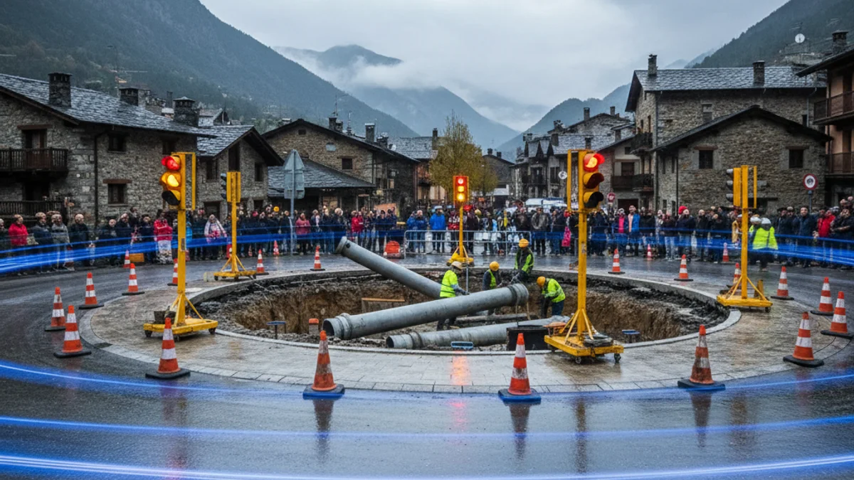 Imatge genèrica d'unes obres de millora a la xarxa d'aigua en una via urbana amb senyalització de trànsit.