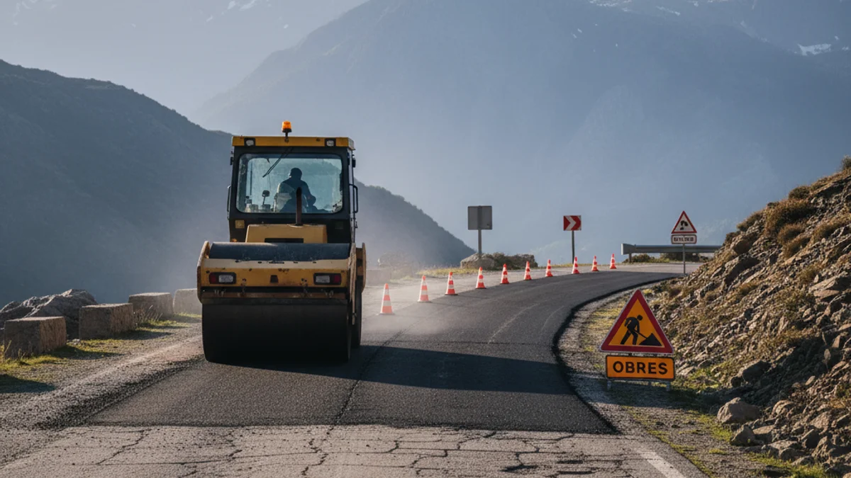 Imatge genèrica d'unes obres de reparació del ferm en una carretera de muntanya.