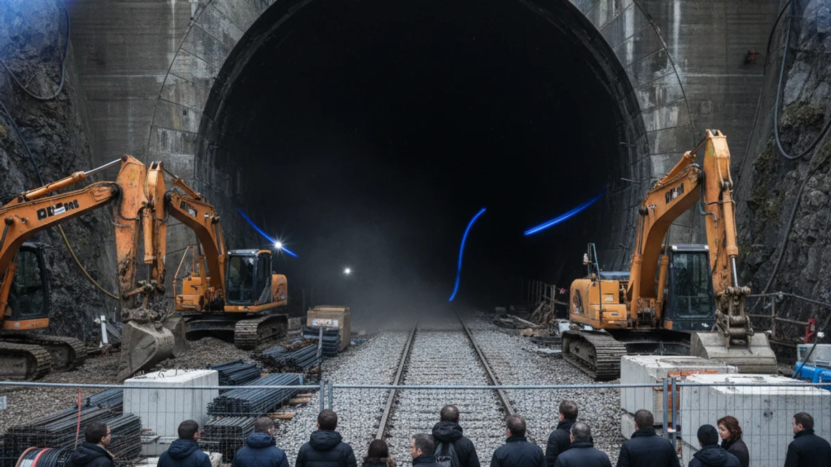 Generic image of a railway tunnel entrance with construction signage.