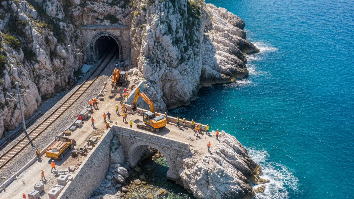 Imatge genèrica de les vies del tren de la línia R2 Sud vora el mar al seu pas pel massís del Garraf.