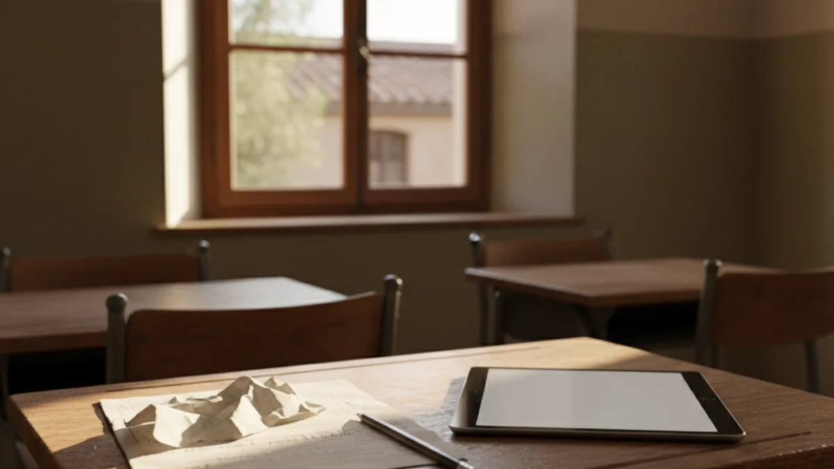 Imagen genérica de un examen sobre un pupitre escolar en un aula.