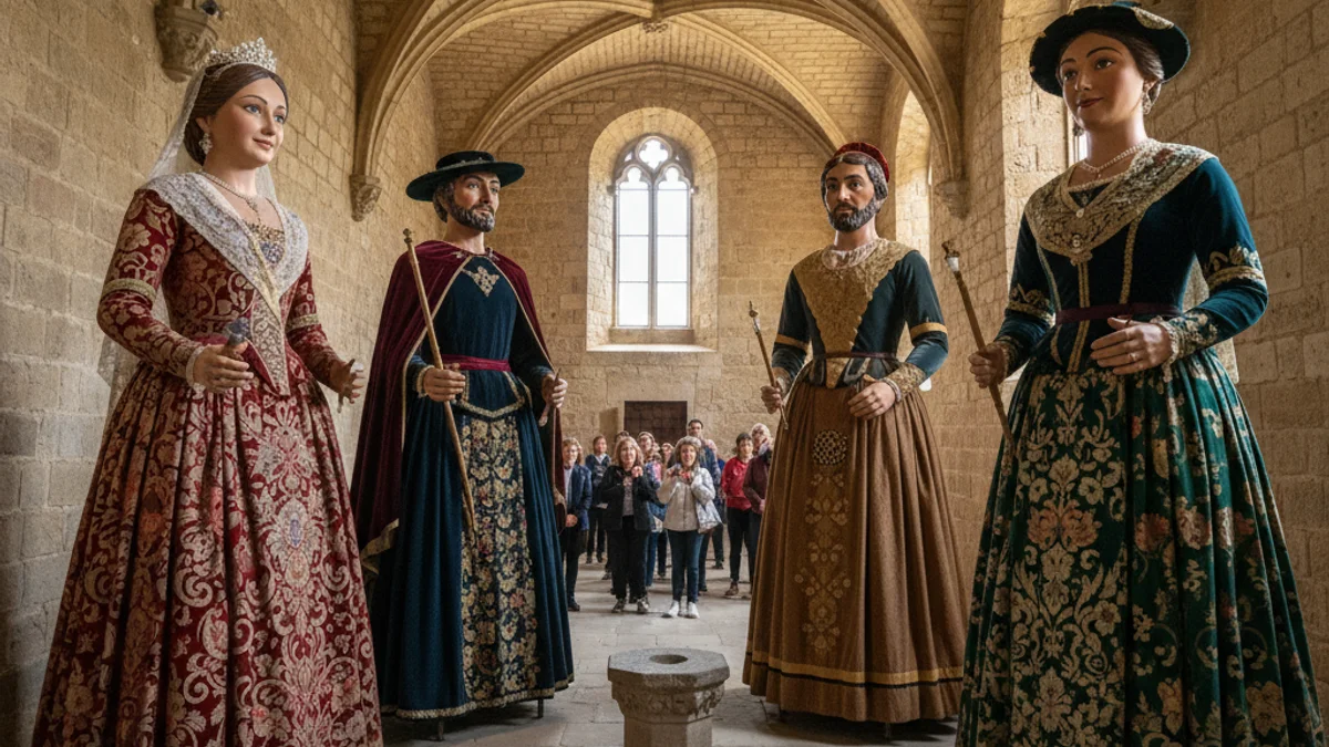 Imatge genèrica de figures de gegants exposades a l'interior d'un castell de pedra.