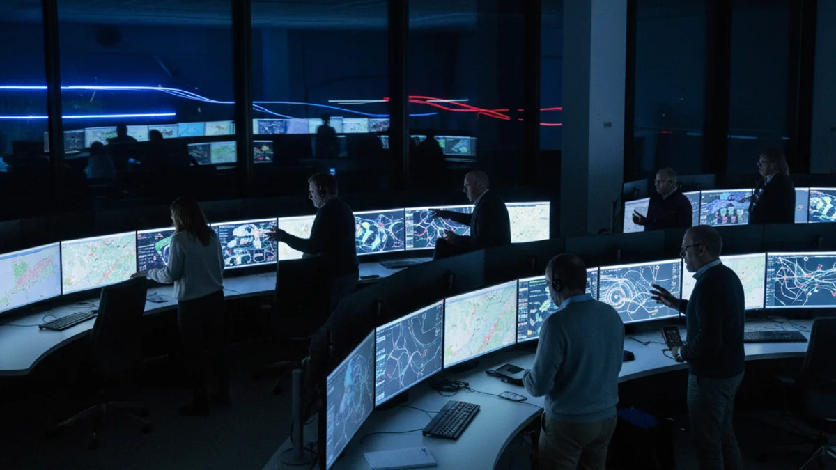 Imatge genèrica d'una sala de control d'emergències amb pantalles i mapes de dades.