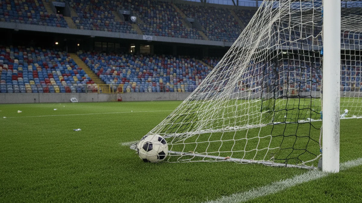Imatge genèrica d'una pilota de futbol dins d'una porteria en un camp buit.