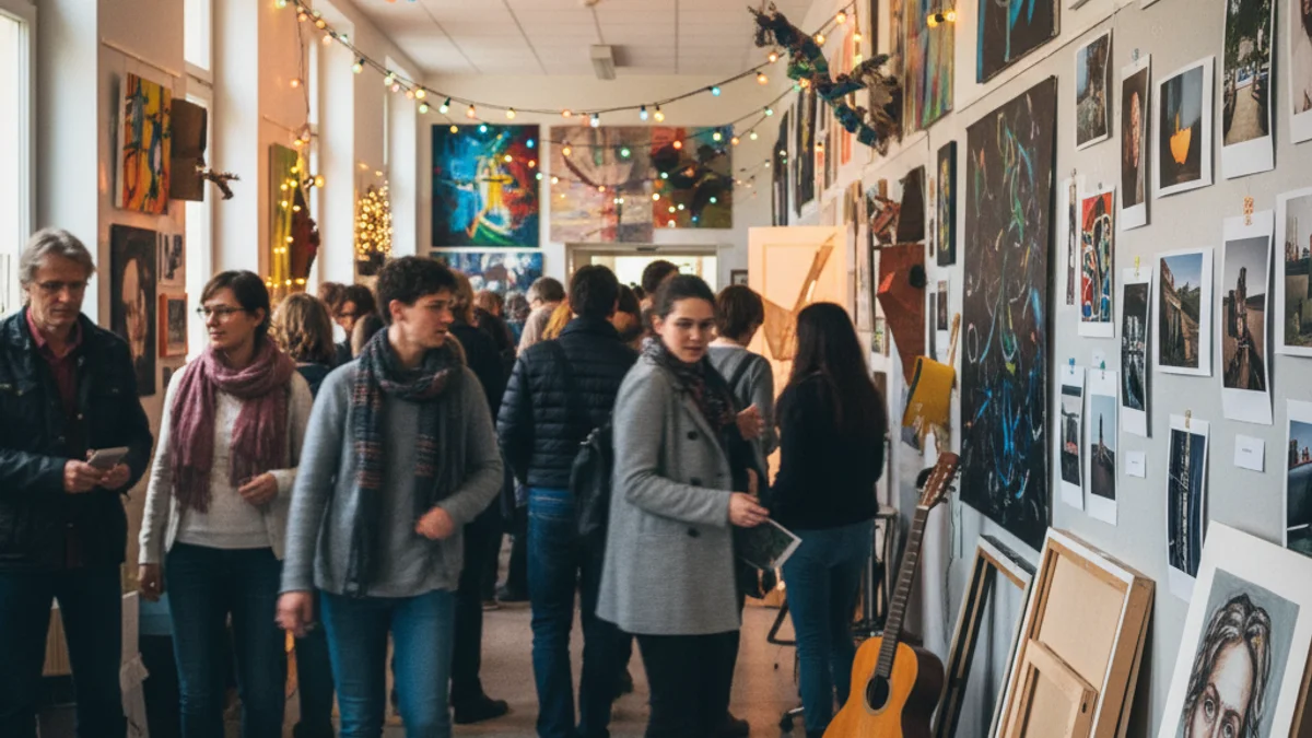 Imatge genèrica d'un passadís d'un centre educatiu transformat en una galeria d'art amb obres exposades.
