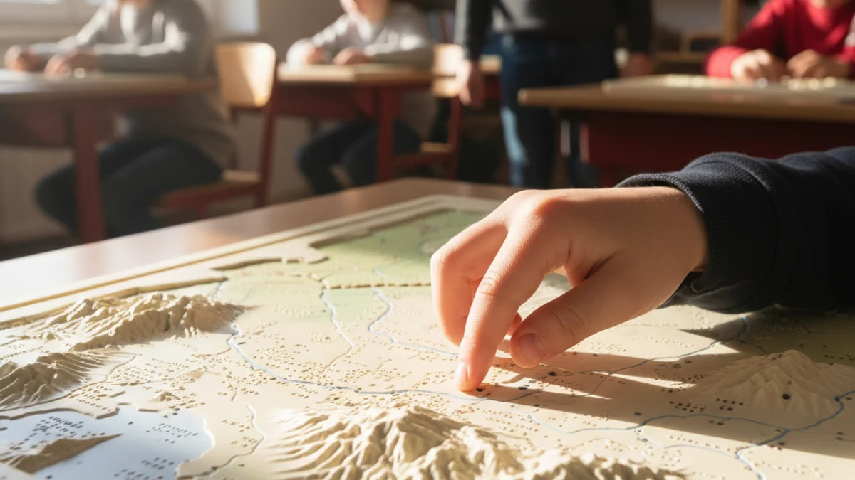 Imatge genèrica d'una mà d'un infant tocant un mapa amb relleu i punts en sistema braille.