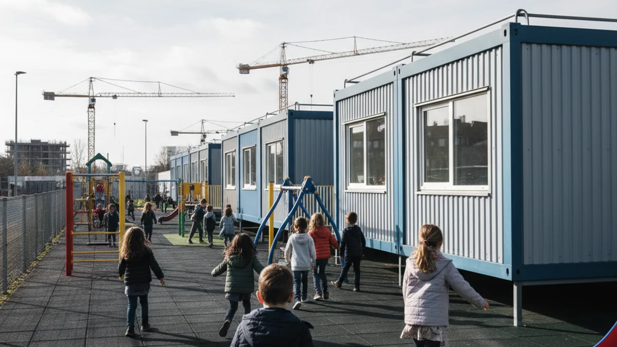 Imatge genèrica de mòduls prefabricats utilitzats com a aules provisionals en un centre educatiu.