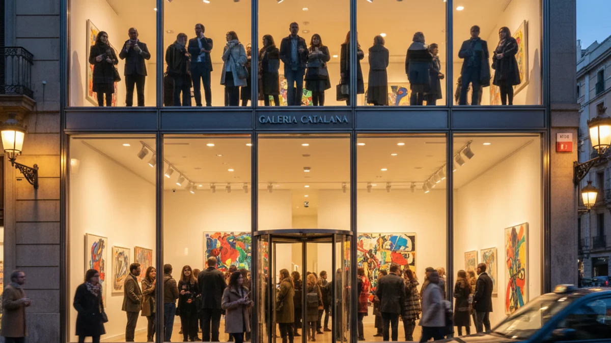Imatge genèrica de l'exterior d'una galeria d'art il·luminada durant una inauguració nocturna.