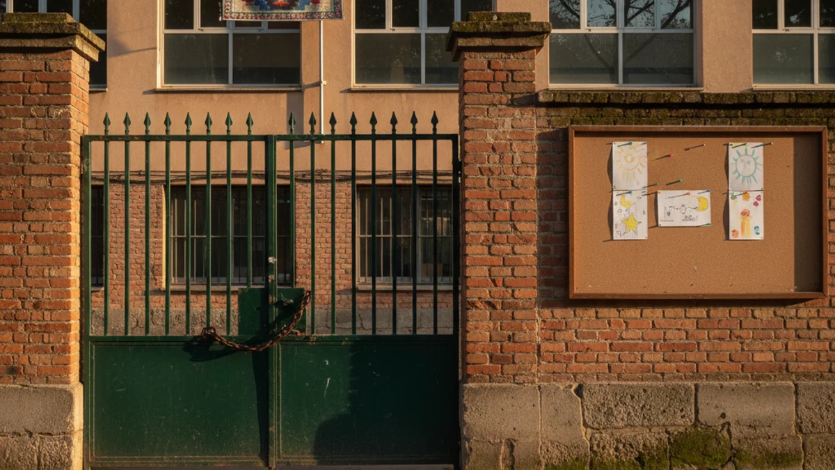 Imatge genèrica de la façana d'un centre educatiu públic amb un cartell informatiu a la porta.
