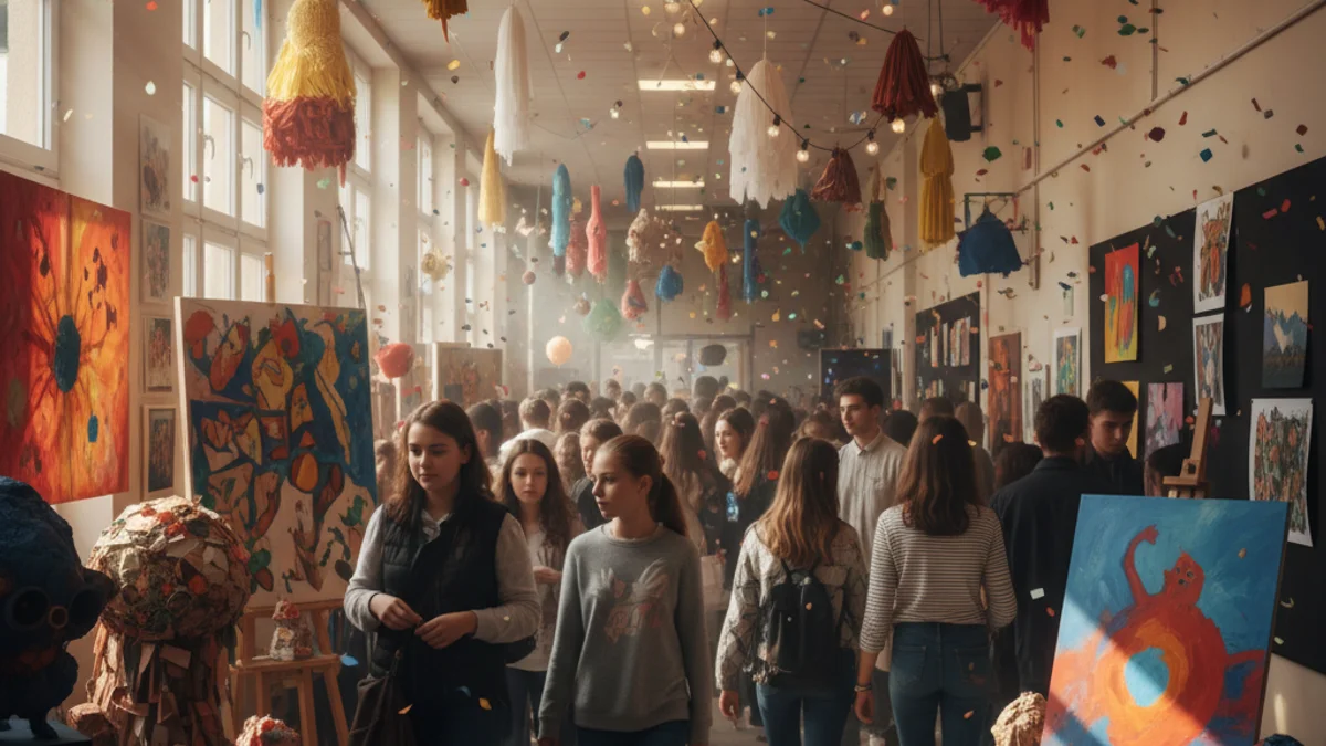 Generic image of an art exhibition featuring various installations and works created by young people in an educational setting.