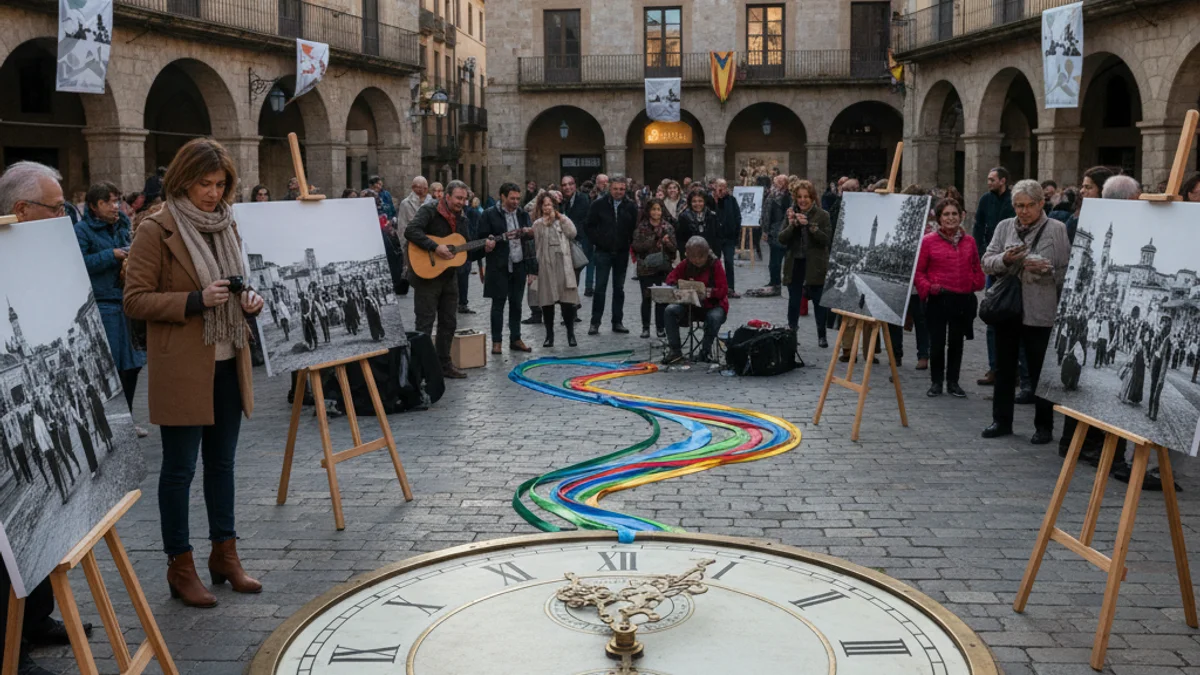 Imatge genèrica d'una intervenció artística en una plaça pública amb instal·lacions creatives.