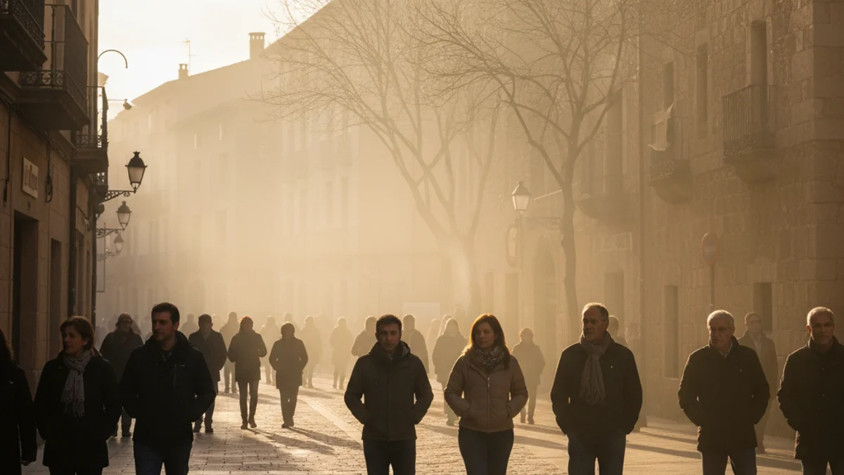 Generic image of a street with very thin fog and bright sun, symbolizing climate change.