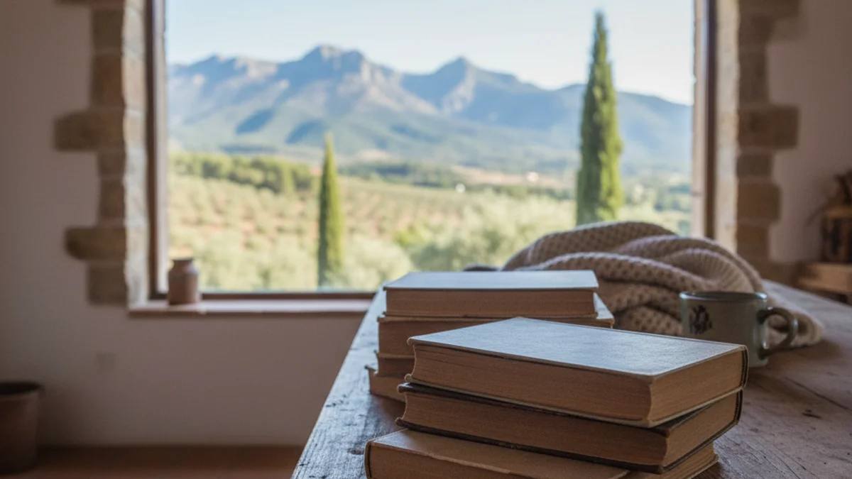 Imagen genérica de unos libros sobre una mesa de madera con vistas a la montaña.