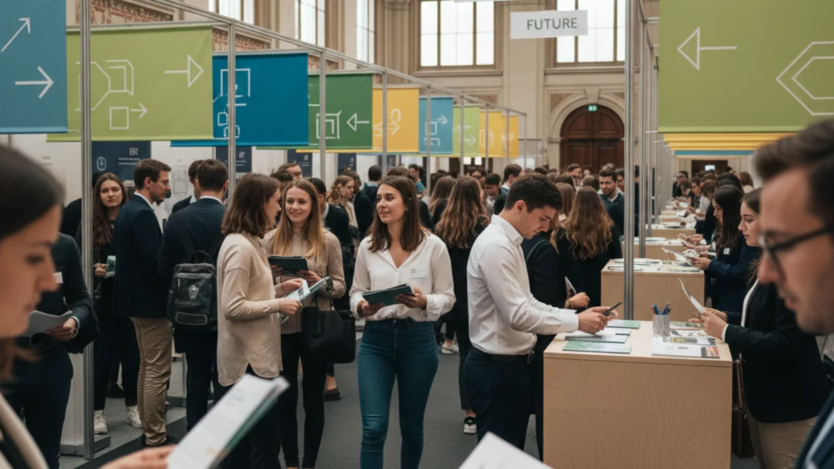 Imatge genèrica d'un grup de joves en una fira d'orientació educativa consultant fulletons informatius.