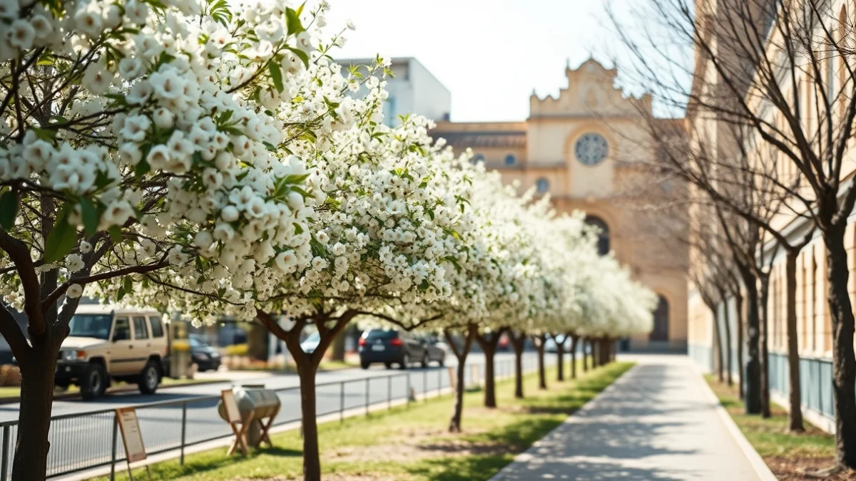 Imatge genèrica dels pererars de Callery en plena floració blanca en un entorn urbà.