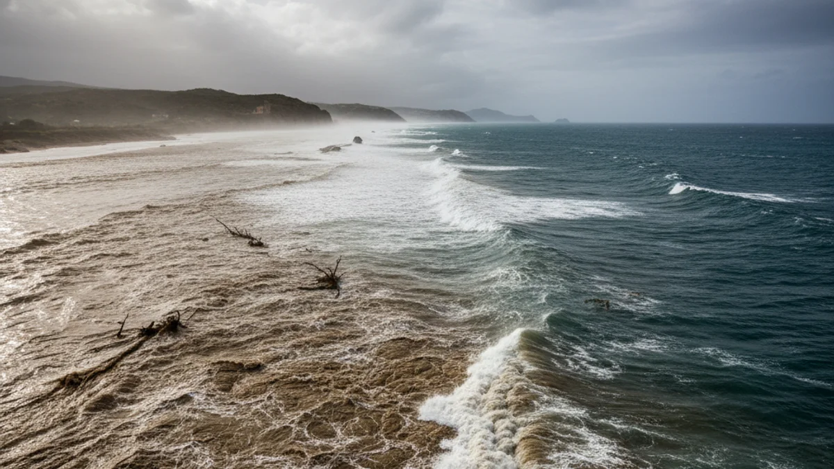 Generic image of the meeting between muddy river water and sea waves after a storm.