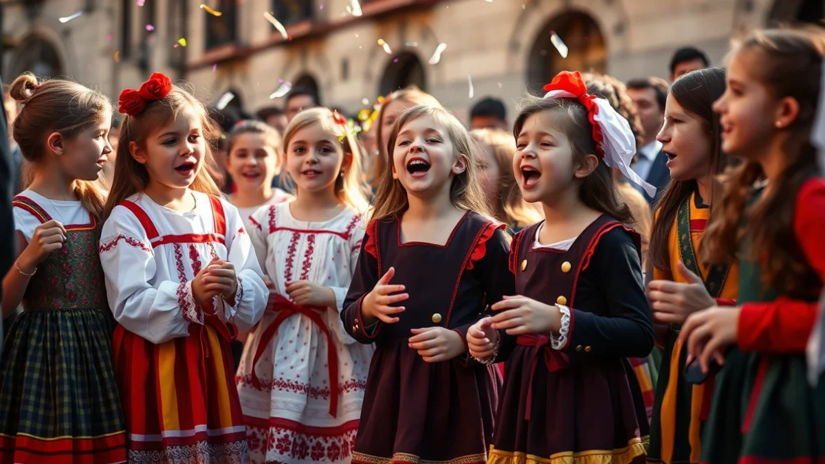Imagen genérica de niños y jóvenes cantando y bailando en una celebración tradicional en la calle.