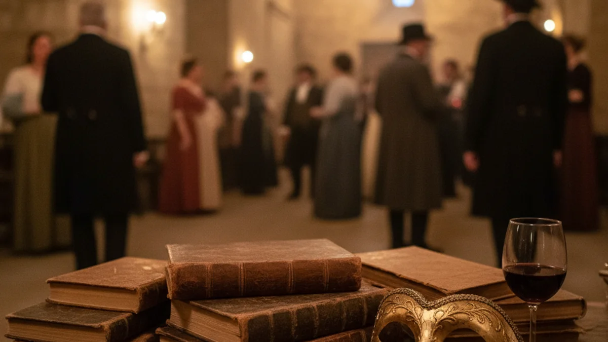 Imatge genèrica d'una taula amb llibres i vi en un entorn cultural.