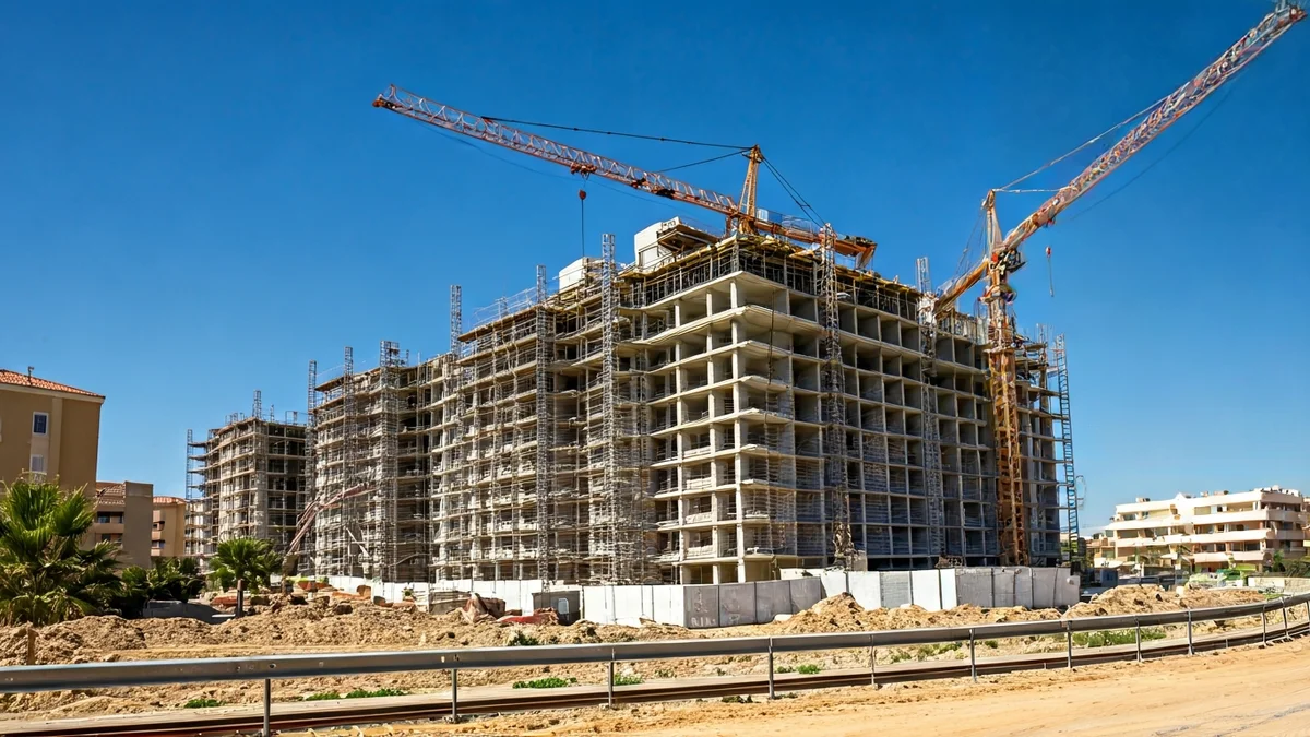 Imagen genérica de un complejo de viviendas asequibles en construcción en un entorno mediterráneo.