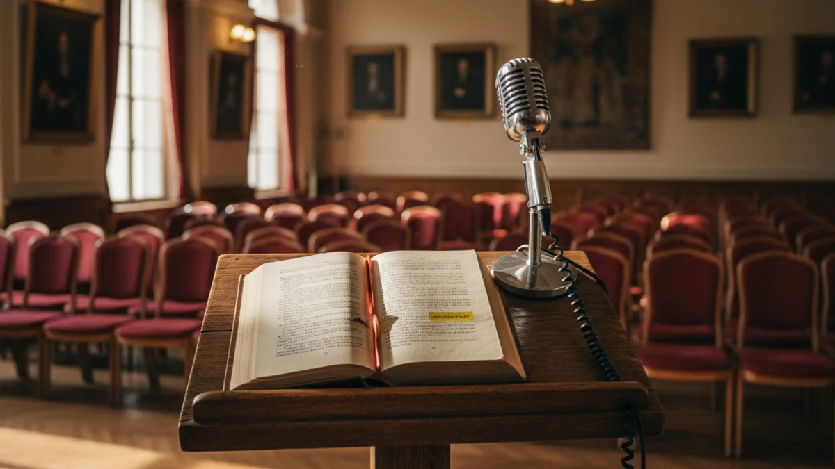 Imatge genèrica d'un escenari preparat per a un recital de poesia amb un micròfon i un llibre obert.