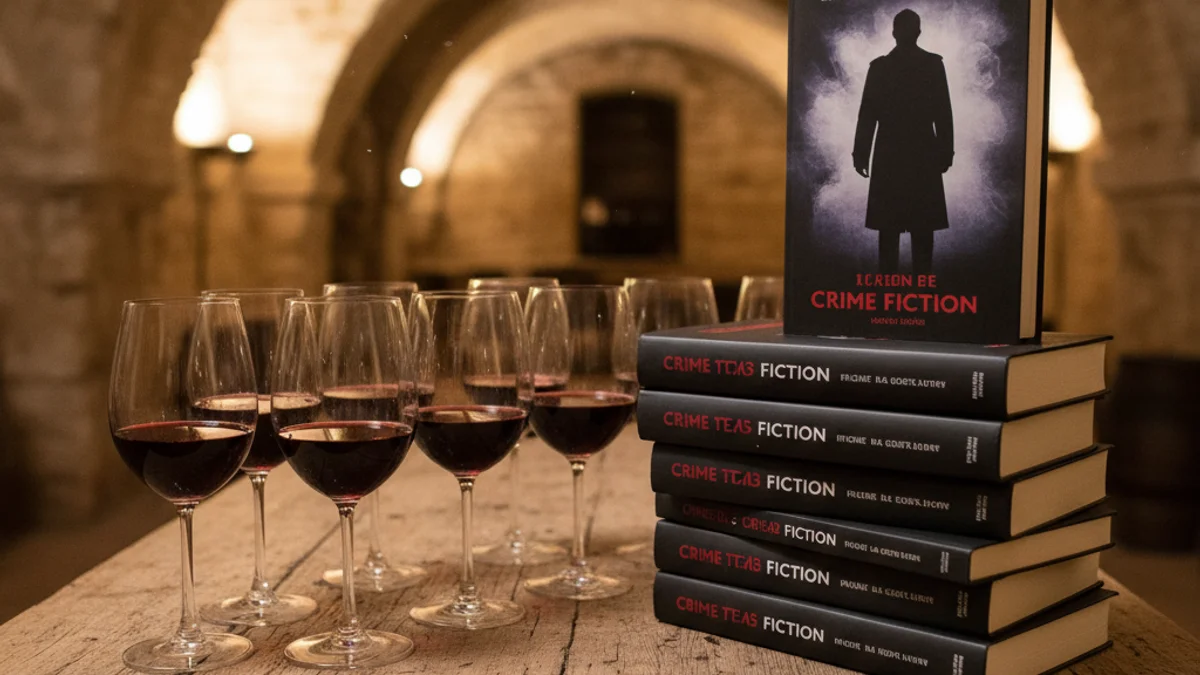 Imatge genèrica d'unes copes de vi negre al costat de llibres en un celler antic.