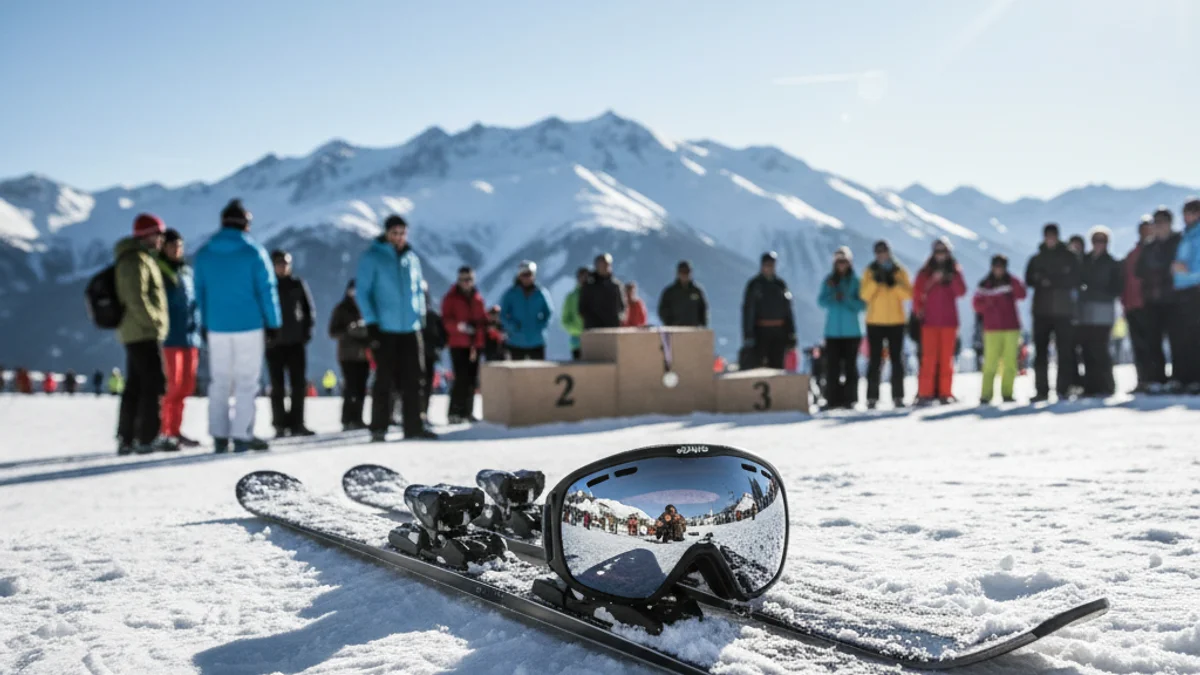 Generic image of skis and snow goggles at a mountain ski resort.