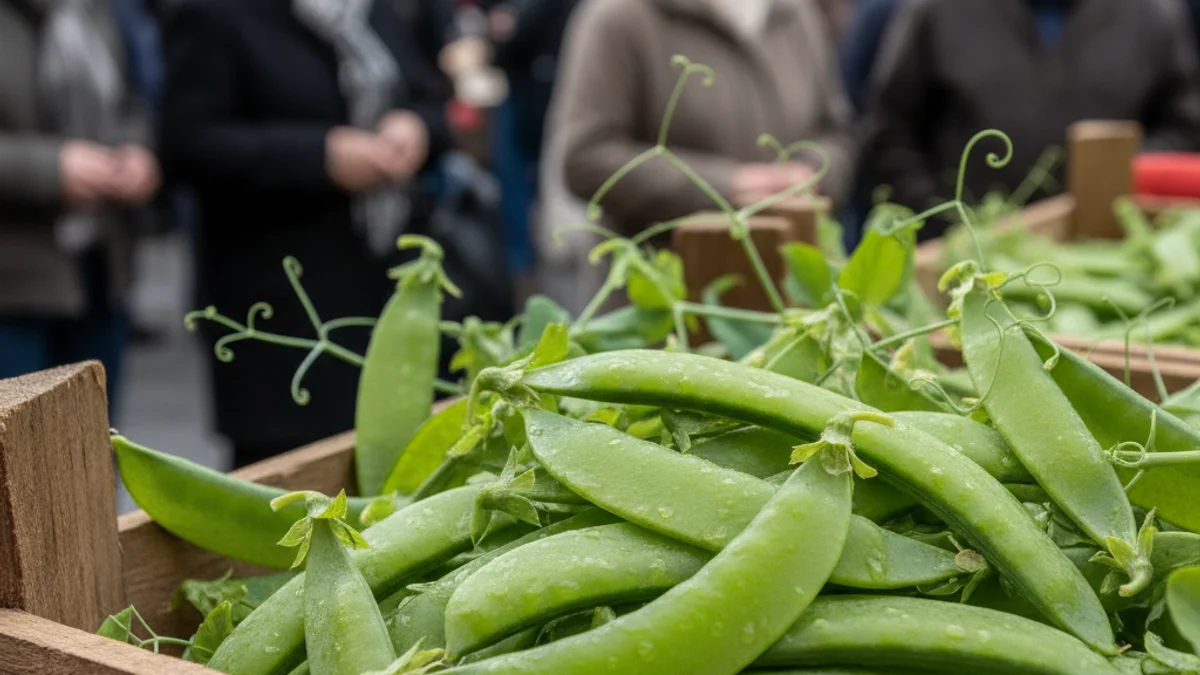 Imagen genérica de unos tirabeques frescos en un puesto de mercado durante la primavera.