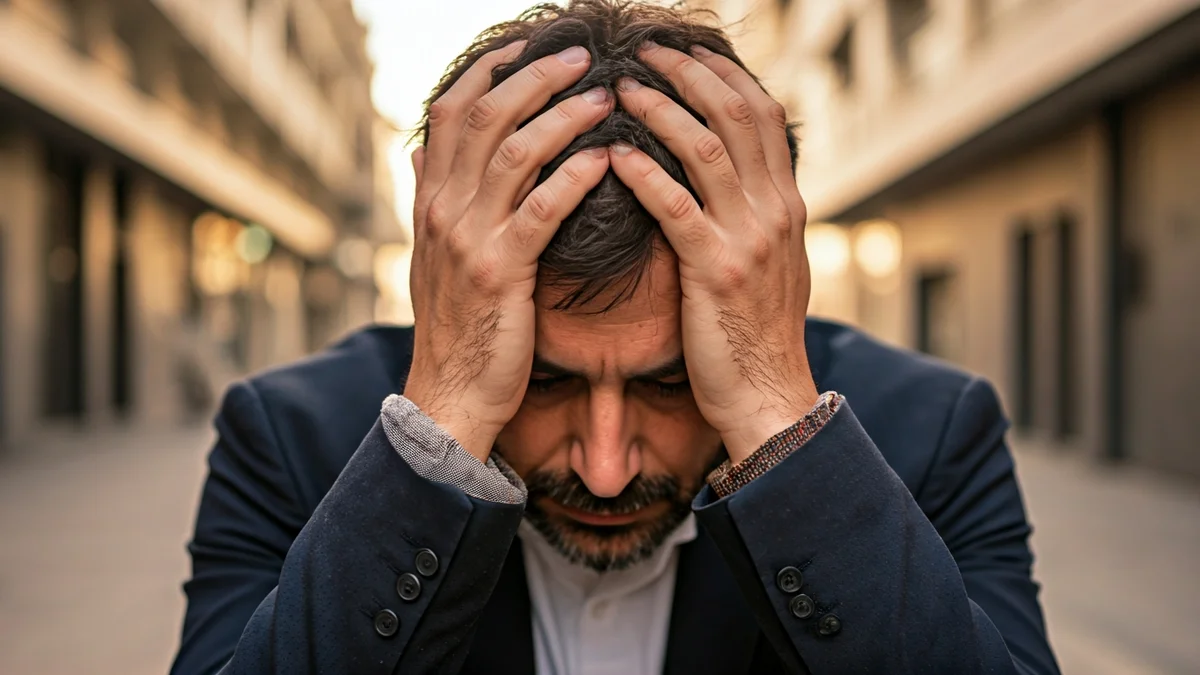 Generic image of a person showing signs of stress or mental fatigue in an urban setting.