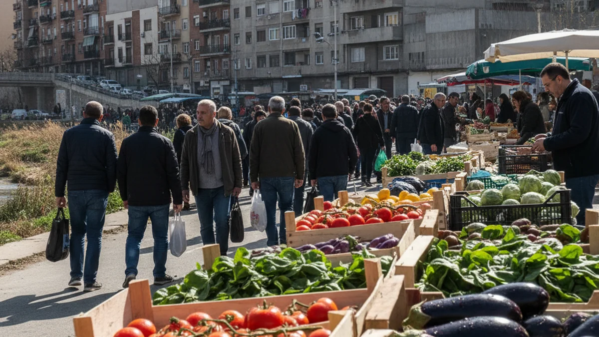 Generic image of a fresh fruit and vegetable stall in an urban neighborhood.