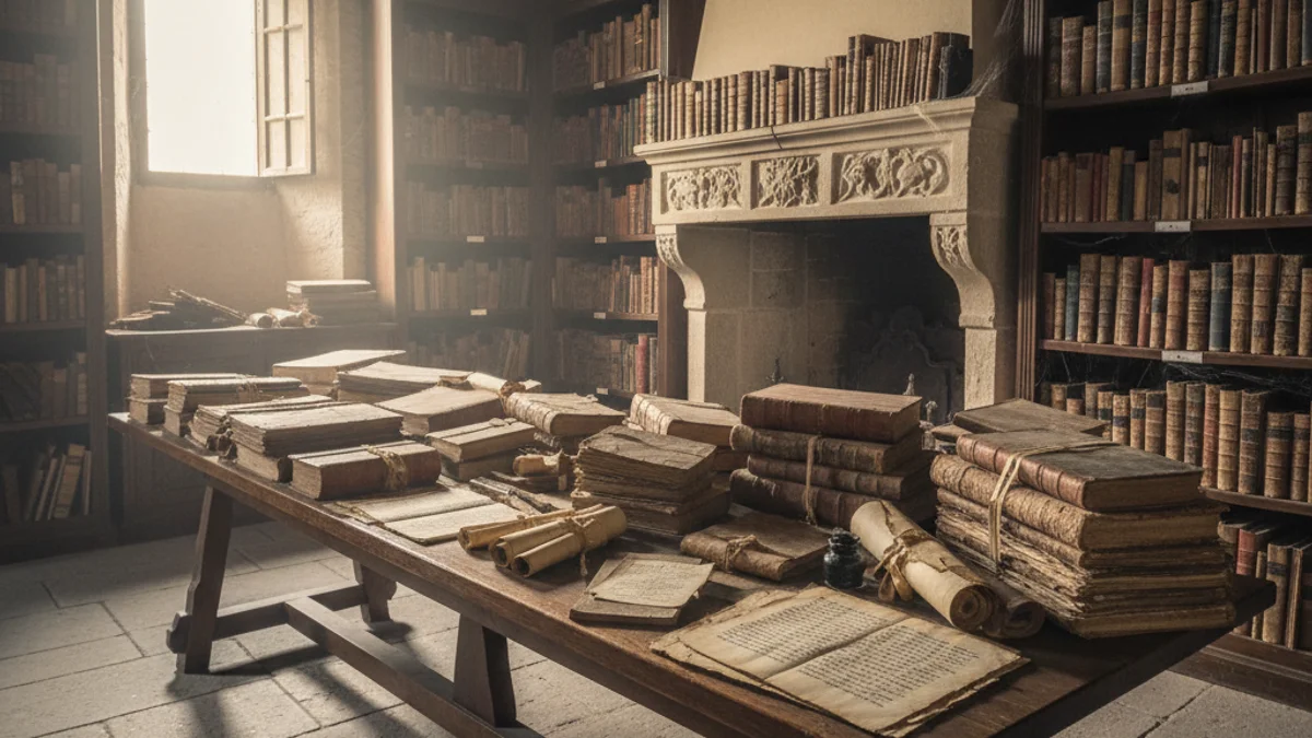 Generic image of ancient documents and parchments in a historical archive.