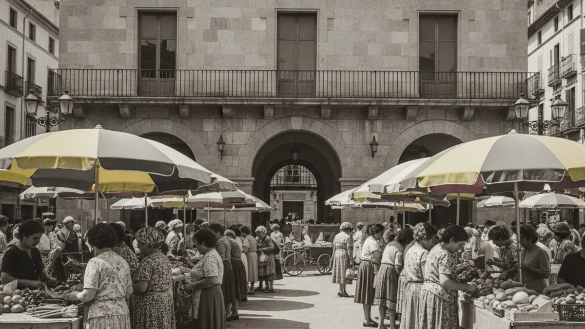 Imatge genèrica d'un antic mercat municipal amb parades exteriors i para-sols en una plaça històrica.