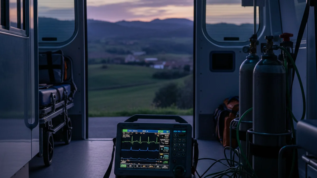 Generic image of the interior of an ambulance with medical equipment and emergency lights.