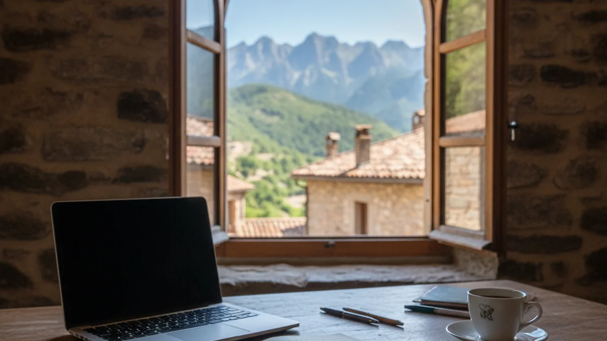 Imatge genèrica d'un escriptori amb llibres i un ordinador davant d'una finestra amb vistes a la muntanya.