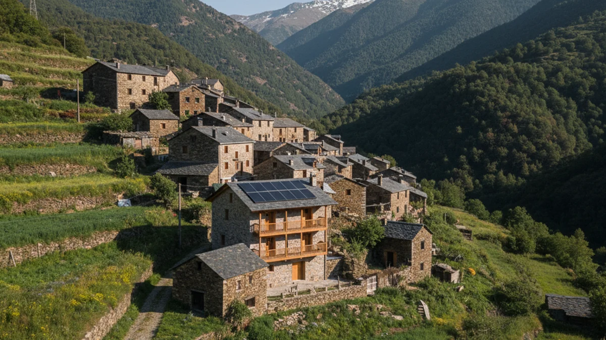 Imatge genèrica d'un poble de muntanya amb cases de pedra rehabilitades i plaques solars.
