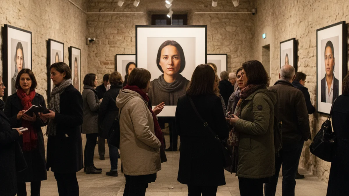 Imatge genèrica d'una exposició de fotografia en una sala amb parets de pedra.