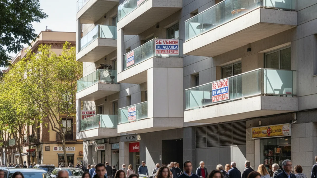 Imatge genèrica de cartells de venda i lloguer en un bloc de pisos.