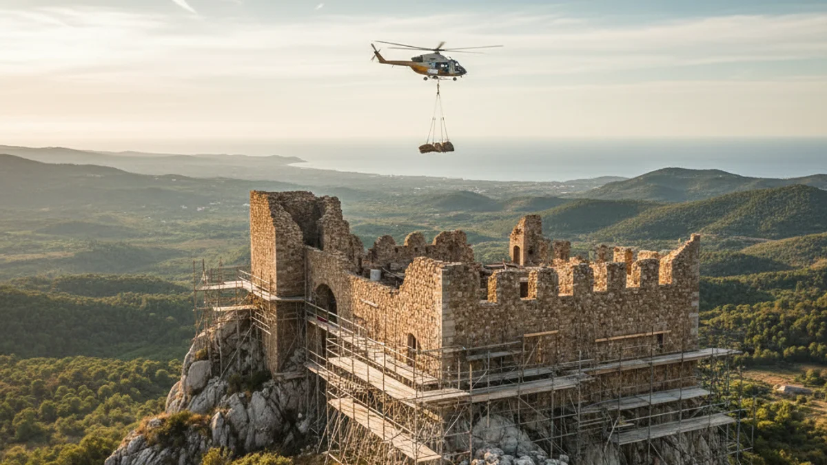 Imatge genèrica de les tasques de restauració amb helicòpter en un castell medieval sobre un turó.