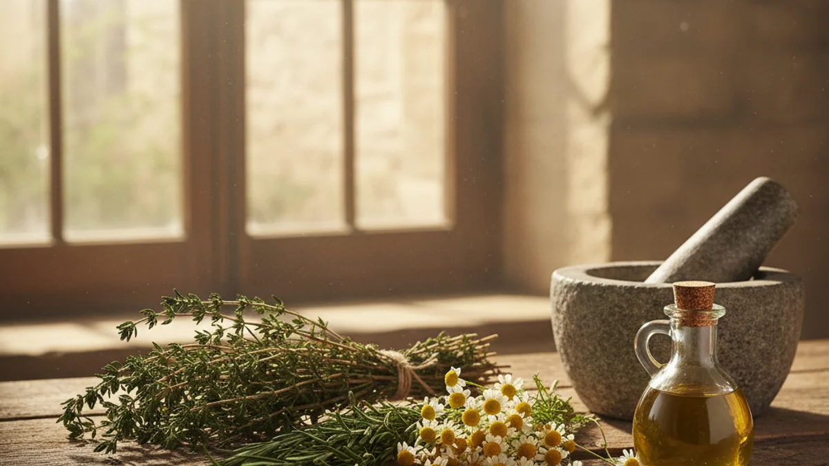 Imatge genèrica de diverses herbes aromàtiques i remeis naturals sobre una taula de fusta.