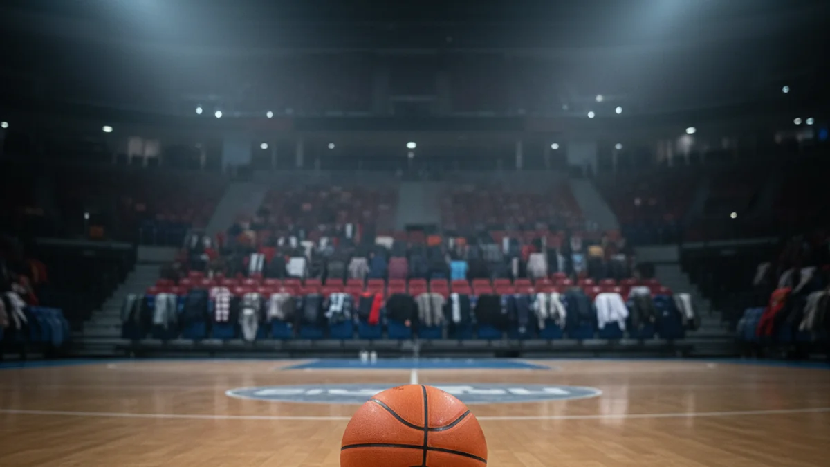 Generic image of a basketball on the court of an empty arena.